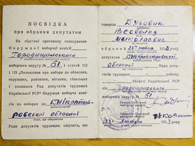 索科洛夫斯基·苏联-保加利亚小拍No.6 - 苏联乌克兰加盟国市级苏维埃代表证（小旗子证书）