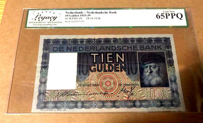 【Blue Auction】世界纸币精拍第102期——大津巴布韦遗址（共95拍） - 【满版水印 无黄无折】荷兰 1933-39年10盾 LCG65EPQ 绝品 大胡子 精美 稀少