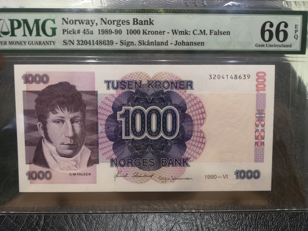 《外钞收藏家》第一百一十七期拍卖 1990年挪威1000克朗 PMG66