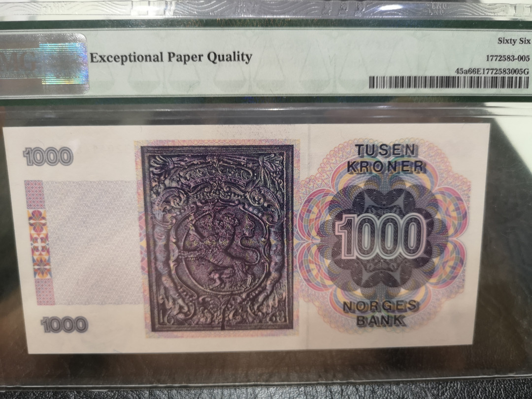 《外钞收藏家》第一百一十七期拍卖 1990年挪威1000克朗 PMG66