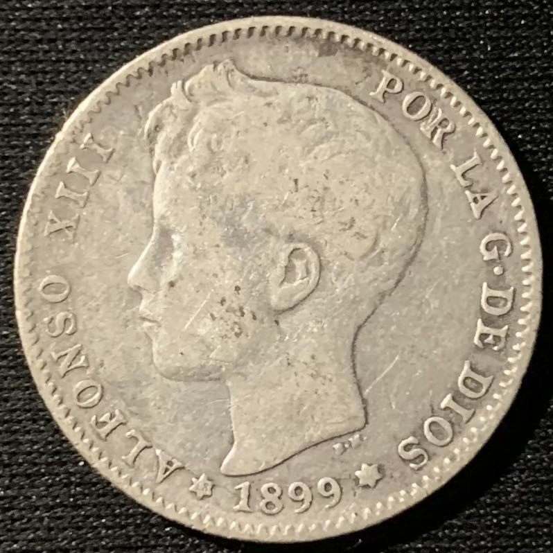 紫瑗钱币——第160期拍卖 西班牙 1899年 阿方索13世 小孩头 1比塞塔 5克 0.835银