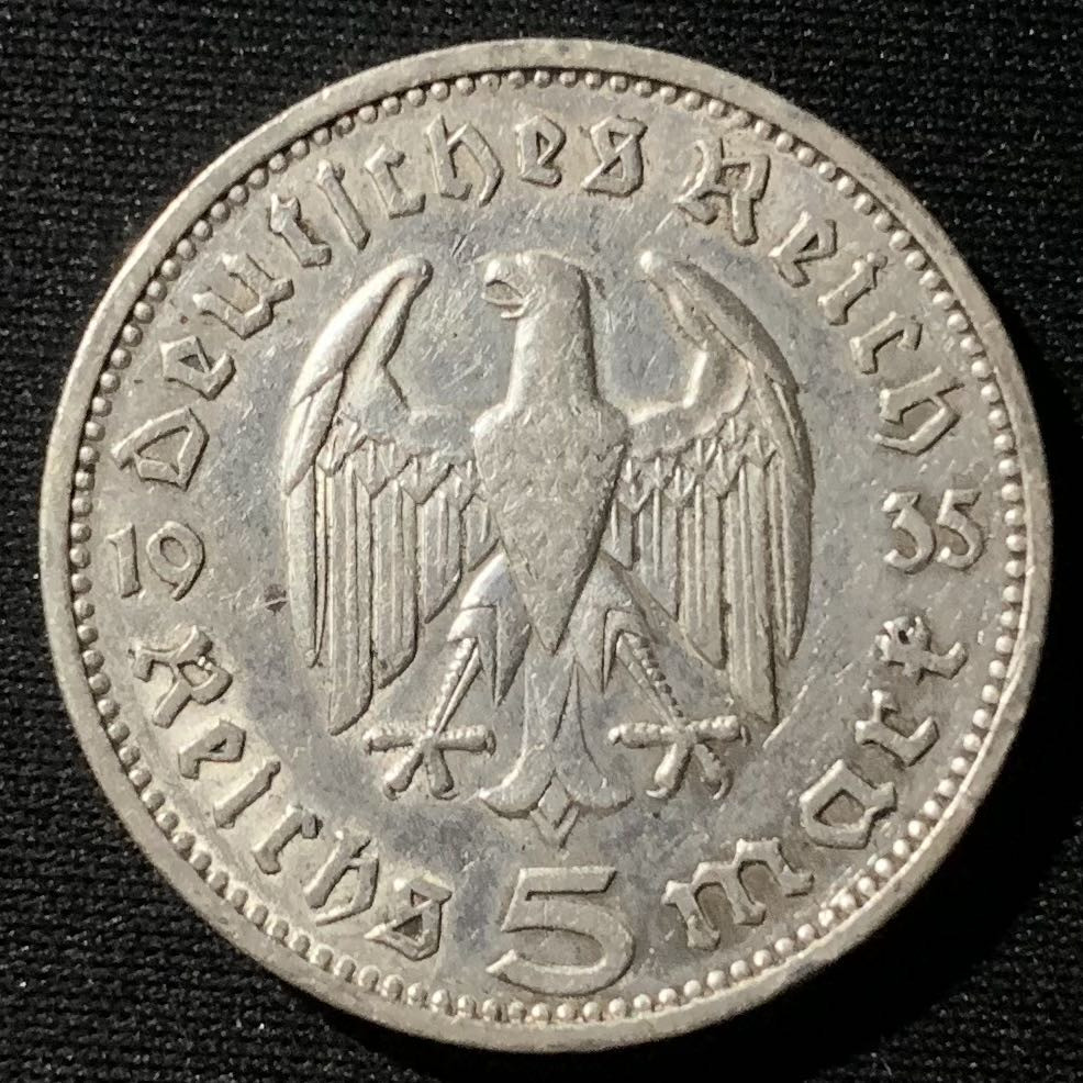 紫瑗钱币——第160期拍卖 德国 1935年 F版 兴登堡 5马克 13.9克 0.9银