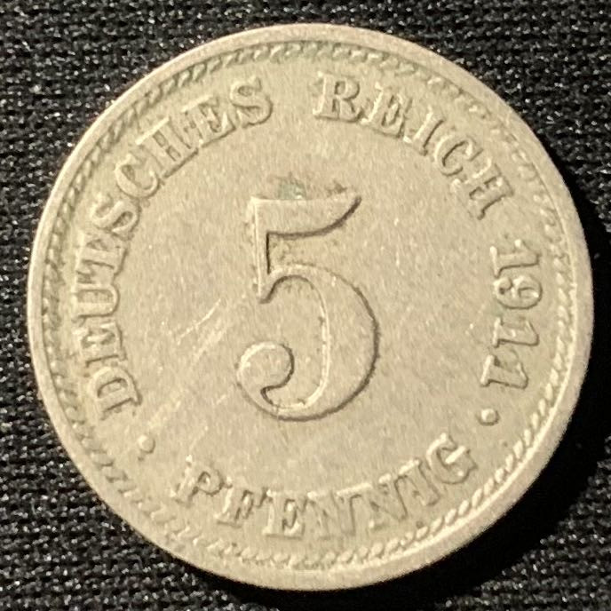 紫瑗钱币——第160期拍卖 德国 1911年 D版 第二帝国 5芬妮 镍币