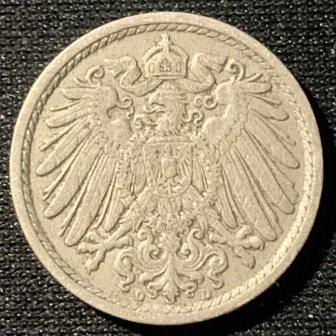 紫瑗钱币——第160期拍卖 德国 1911年 D版 第二帝国 5芬妮 镍币