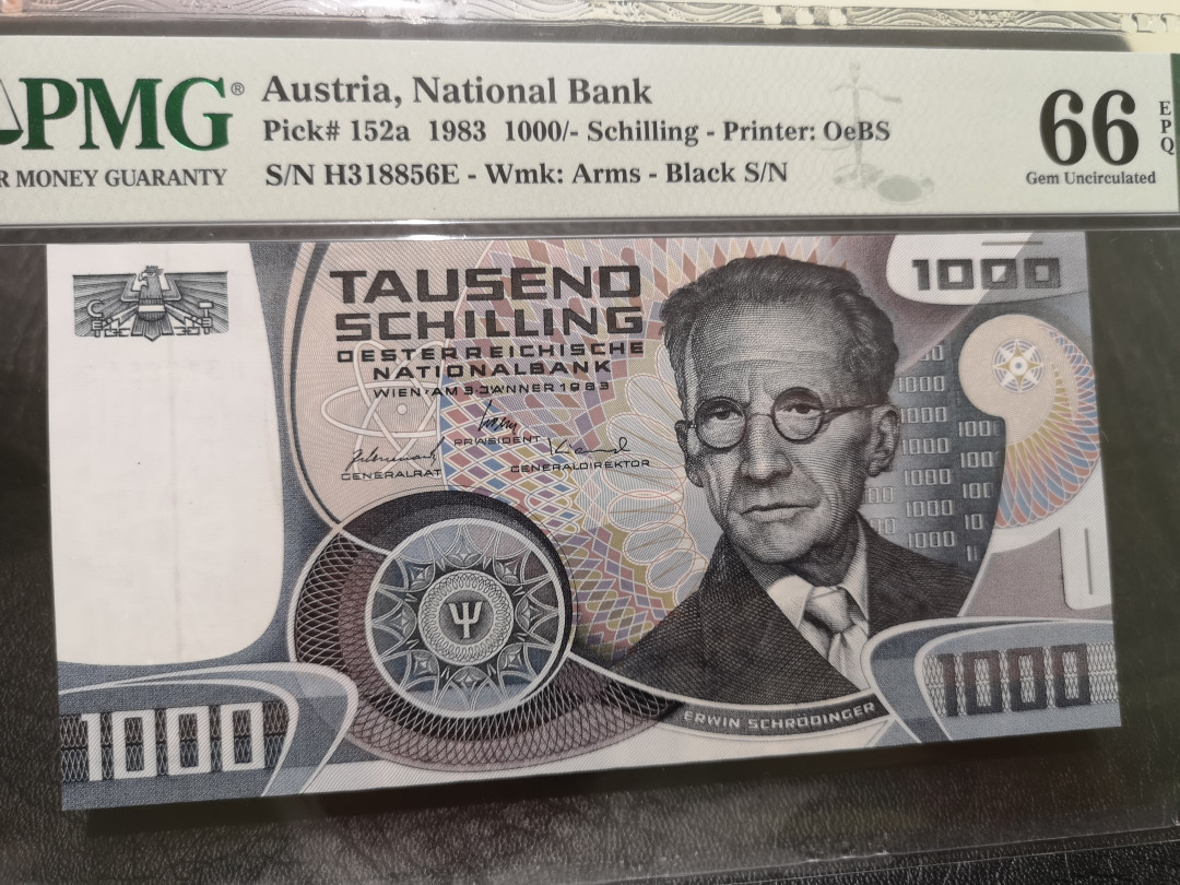 《外钞收藏家》第一百一十八期拍卖 1983年奥地利1000先令  经典薛定谔 PMG66 无47