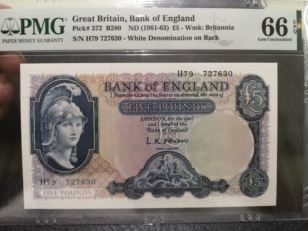《外钞收藏家》第一百一十八期拍卖 1961-63年英国B序列 5镑 PMG66 空心版