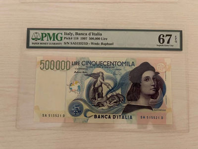 【Blue Auction】世界纸币精拍第105期——昆虫学家梅里安 （共100拍） - 意大利 1997年50万里拉 拉斐尔 PMG67EPQ 