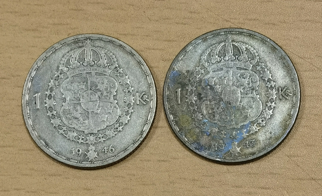 马甸外币专卖微拍第五十六期，外国金银币专场，陆续上新，欢迎关注 1946／43年瑞典1克郎银币2枚，每枚重7克，成色400 