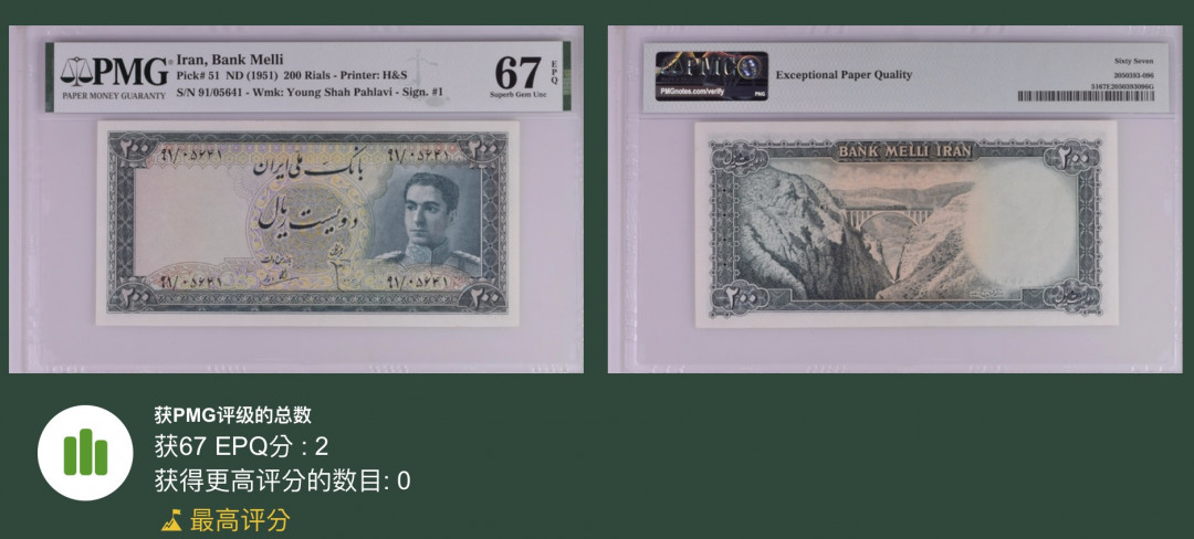《张总收藏》32期—海外筋票 伊朗200里亚尔 PMG67E 1951年巴列维 P51 冠军分 仅2张