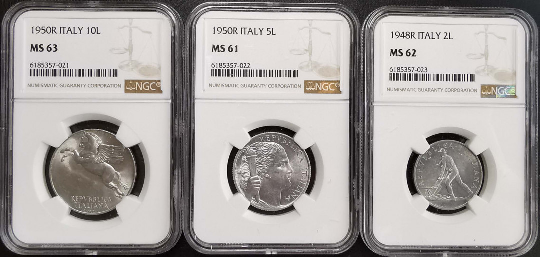 凡希社世界钱币微拍第一百六十四期 战后意大利铝币三枚NGC评级