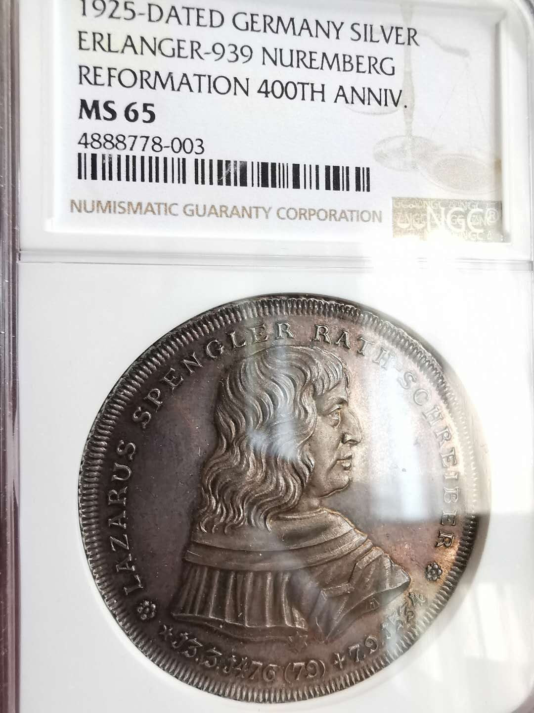 凡希社世界钱币微拍第一百六十四期 荐！1925纽伦堡宗教改革400周年纪念银章NGC-MS65紫罗兰包浆！