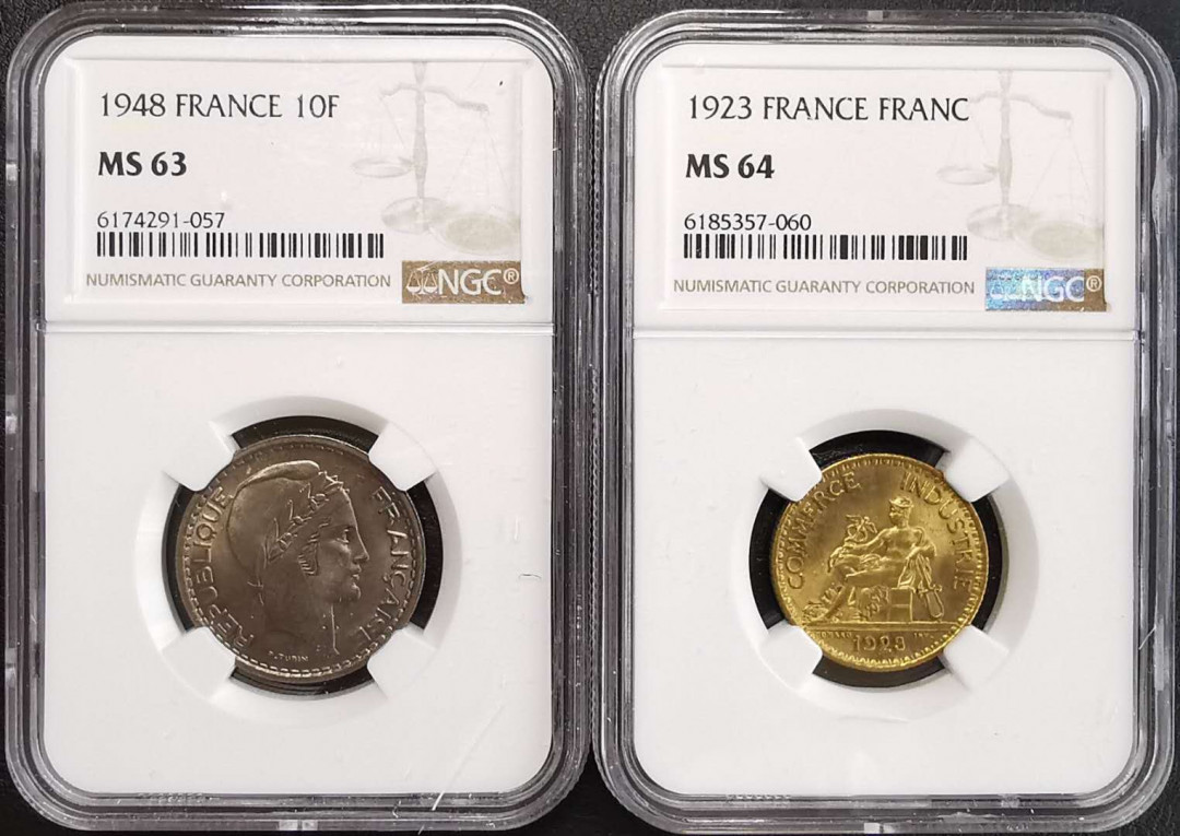 凡希社世界钱币微拍第一百六十四期 法国摩纳哥辅币一对NGC-MS63/64
