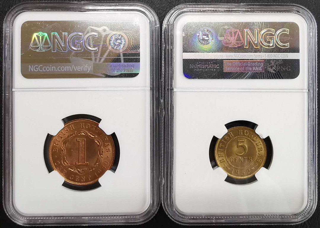 凡希社世界钱币微拍第一百六十四期 1950/52英属洪都拉斯乔六铜辅币一对NGC-MS64/65