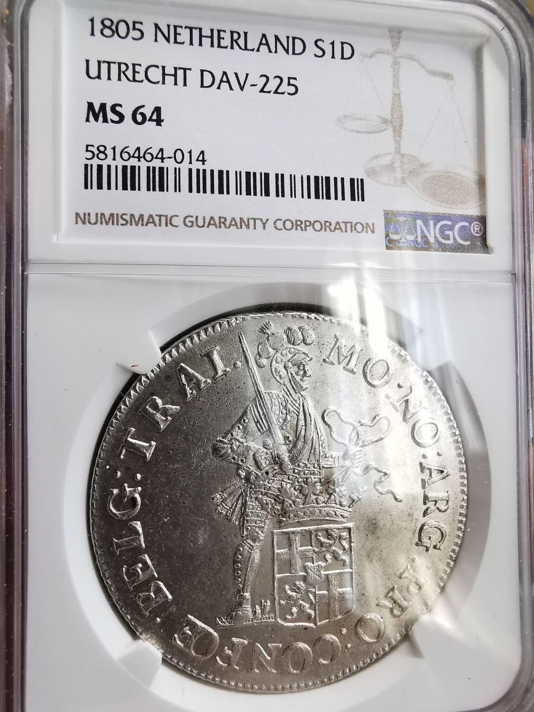 凡希社世界钱币微拍第一百六十四期 稀！1805荷兰乌特勒支杜卡特大银NGC-MS64原色银光收藏级！