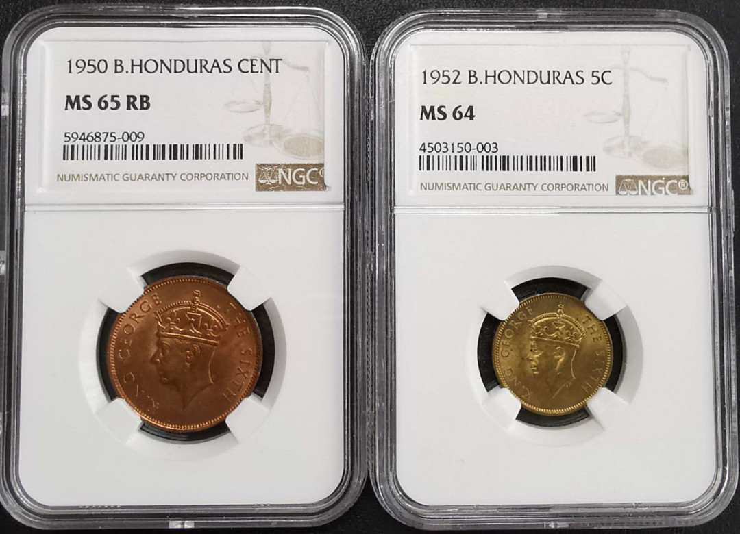 凡希社世界钱币微拍第一百六十四期 1950/52英属洪都拉斯乔六铜辅币一对NGC-MS64/65