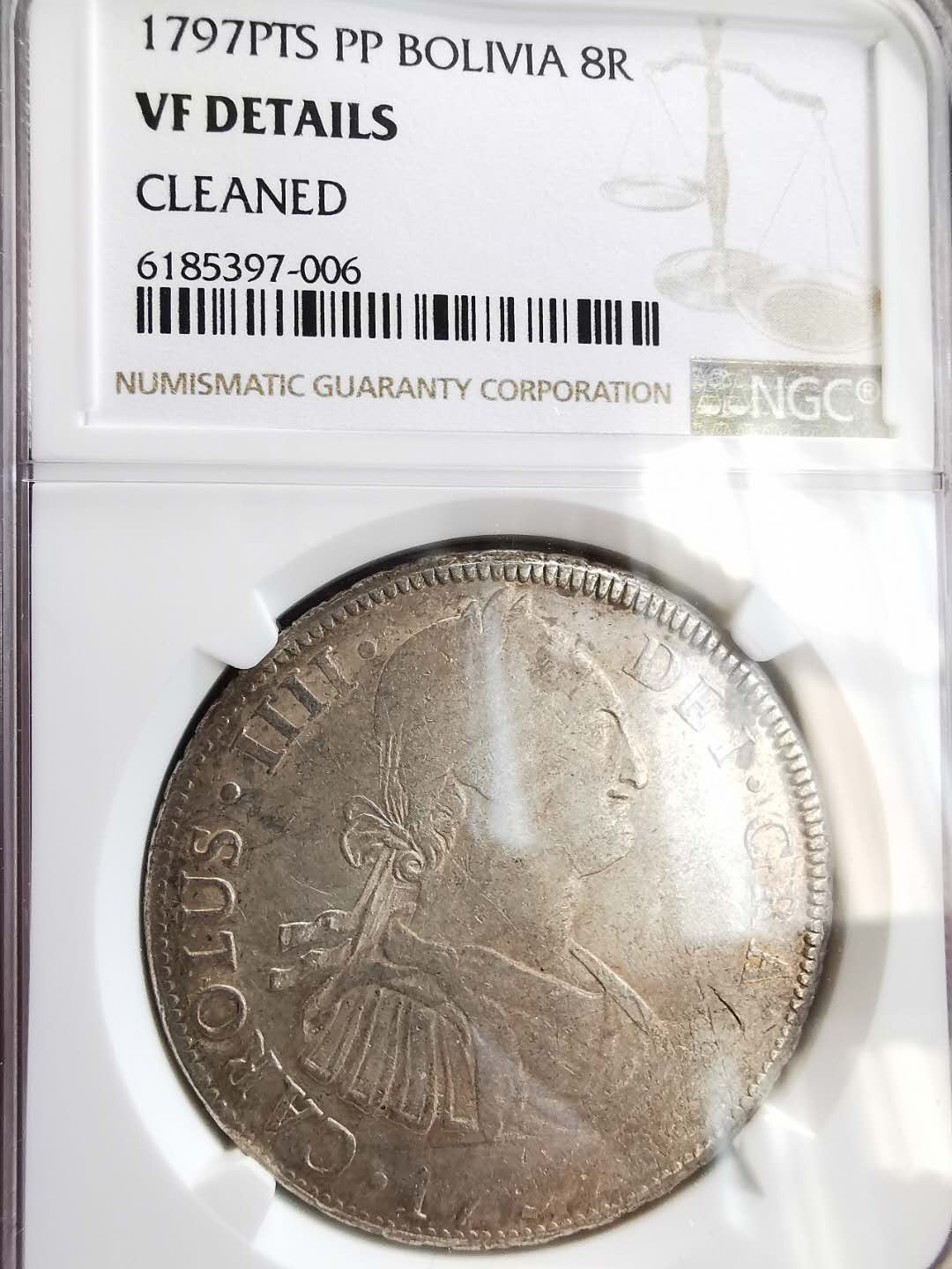 凡希社世界钱币微拍第一百六十四期 1797玻利维亚卡四双柱NGC-VFD