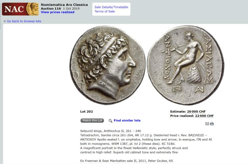 凡希社世界钱币微拍第一百六十四期 塞琉古王国安条克一世4德拉克马美品萨第斯造币厂