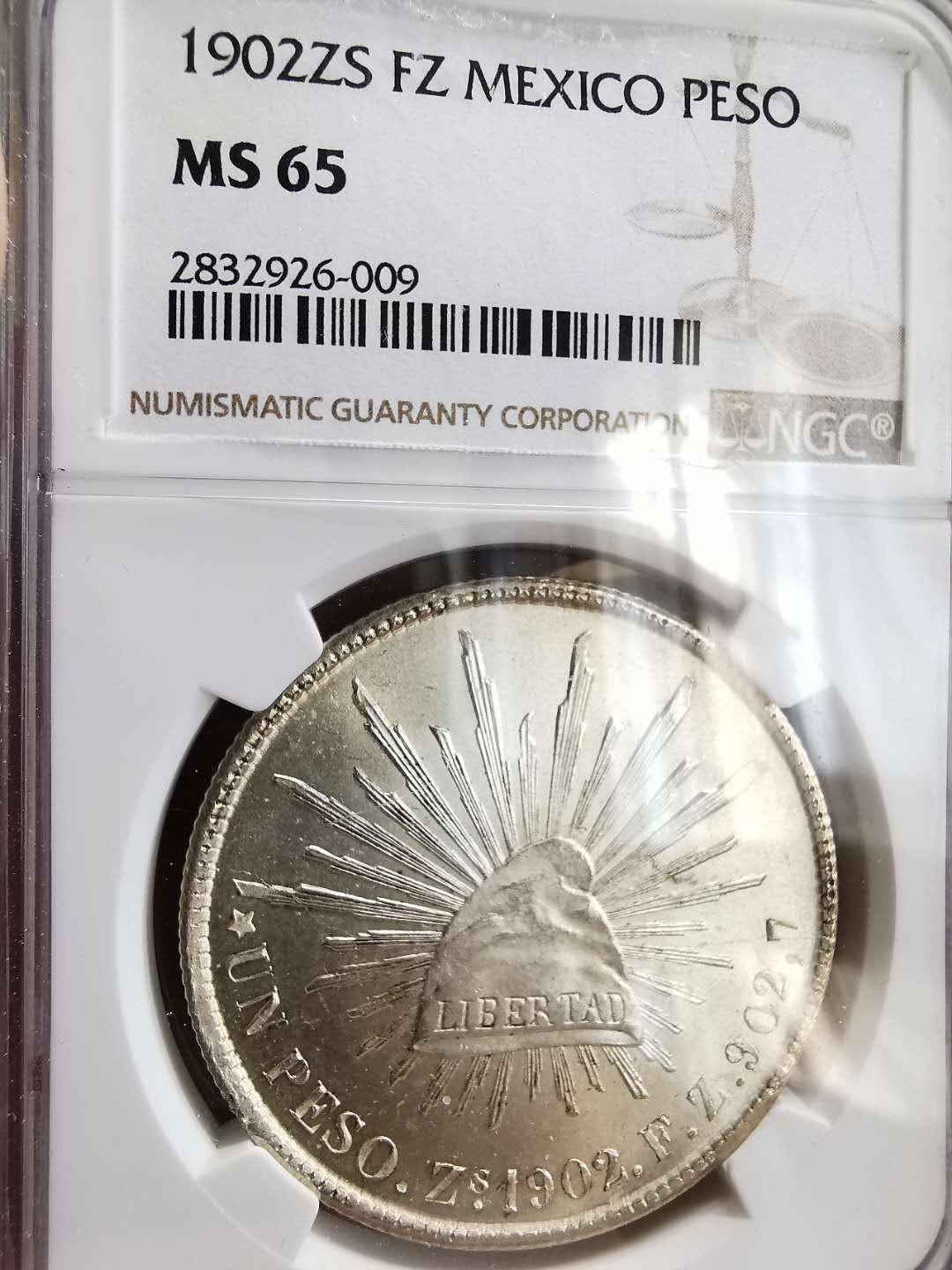 凡希社世界钱币微拍第一百六十四期 1902ZS墨西哥直边鹰洋NGC-MS65原色银光！