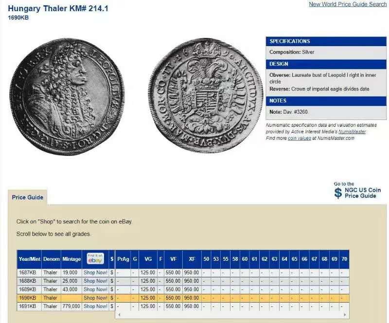 凡希社世界钱币微拍第一百六十四期 荐！1690神罗匈牙利利奥波德泰勒大银NGC-XFD少见KB厂