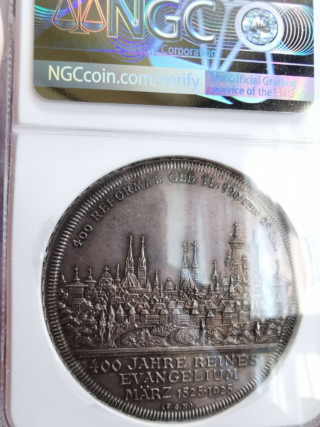 凡希社世界钱币微拍第一百六十四期 荐！1925纽伦堡宗教改革400周年纪念银章NGC-MS65紫罗兰包浆！