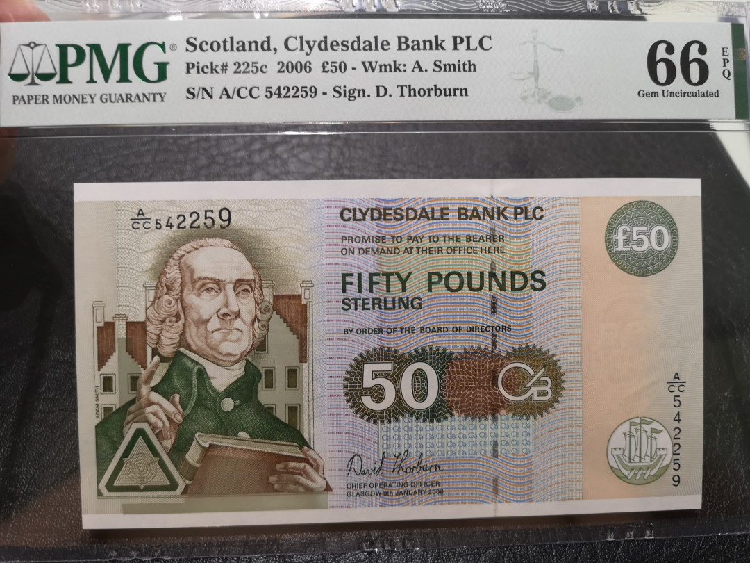 《外钞收藏家》第一百一十九期拍卖（本期106件拍品） 2006年苏格兰克莱斯戴尔银行 50镑  PMG66