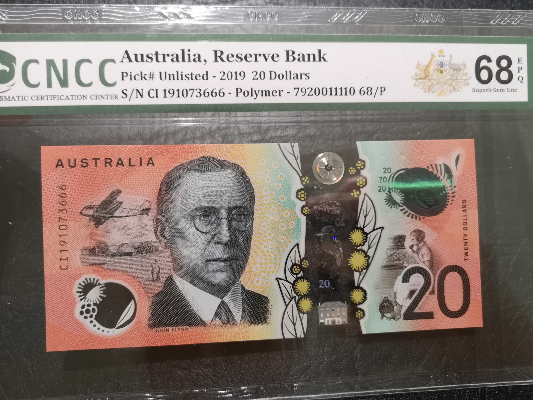 《外钞收藏家》第一百一十九期拍卖（本期106件拍品） 2019年澳大利亚20元 666豹子号 CNCC评级68 CI