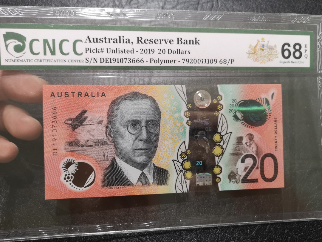 《外钞收藏家》第一百一十九期拍卖（本期106件拍品） 2019年澳大利亚20元 666豹子  CNCC评级68