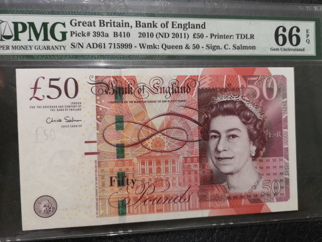 《外钞收藏家》第一百一十九期拍卖（本期106件拍品） 2010年英国F序列50镑  PMG66 393a 999豹子号