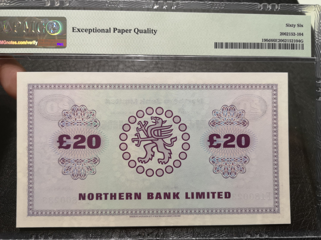 《外钞收藏家》第一百一十九期拍卖（本期106件拍品） 1988年北爱尔兰 北方银行20镑 PMG66 BWC印钞 靓号