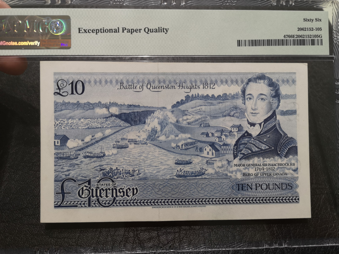 《外钞收藏家》第一百一十九期拍卖（本期106件拍品） 1975-80年格恩西花神 PMG66 BWC作品 A冠