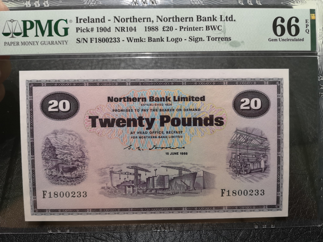 《外钞收藏家》第一百一十九期拍卖（本期106件拍品） 1988年北爱尔兰 北方银行20镑 PMG66 BWC印钞 靓号