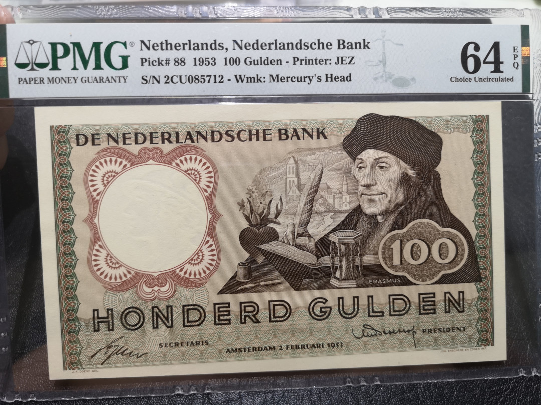 《外钞收藏家》第一百一十九期拍卖（本期106件拍品） 1953年荷兰100盾  PMG64E