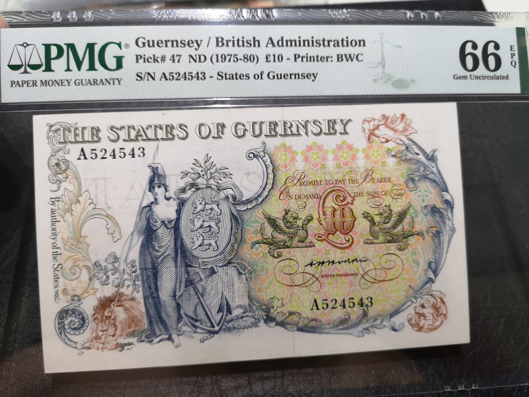 《外钞收藏家》第一百一十九期拍卖（本期106件拍品） 1975-80年格恩西花神 PMG66 BWC作品 A冠