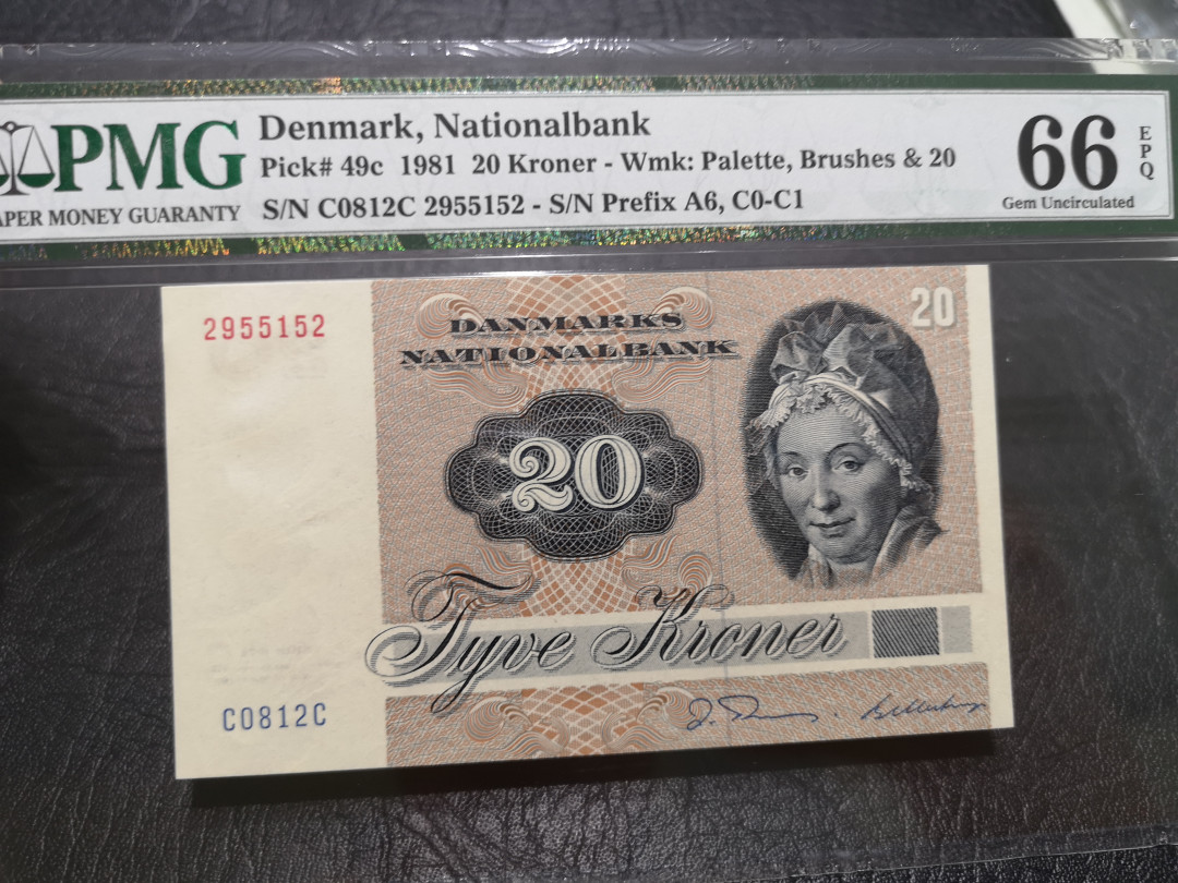 《外钞收藏家》第一百一十九期拍卖（本期106件拍品） 1981年丹麦20克朗 PMG66