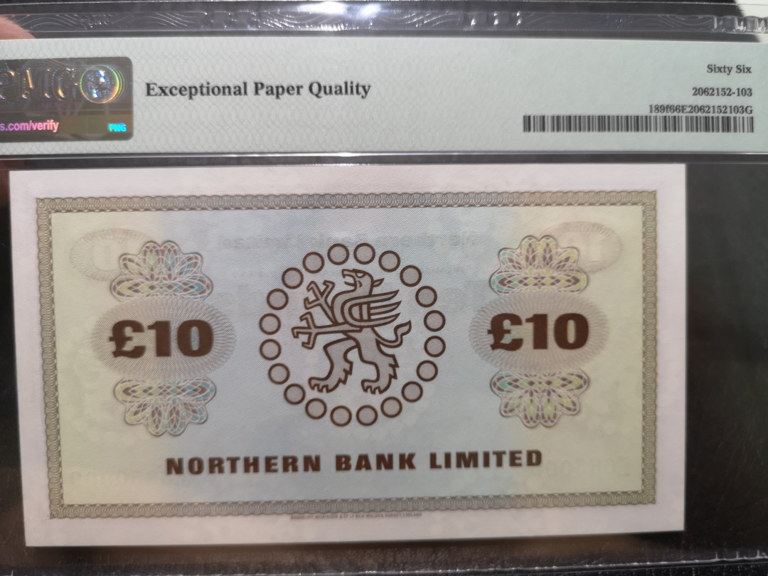 《外钞收藏家》第一百一十九期拍卖（本期106件拍品） 1988年北爱尔兰 北方银行 10镑 PMG66 BWC印钞 靓号
