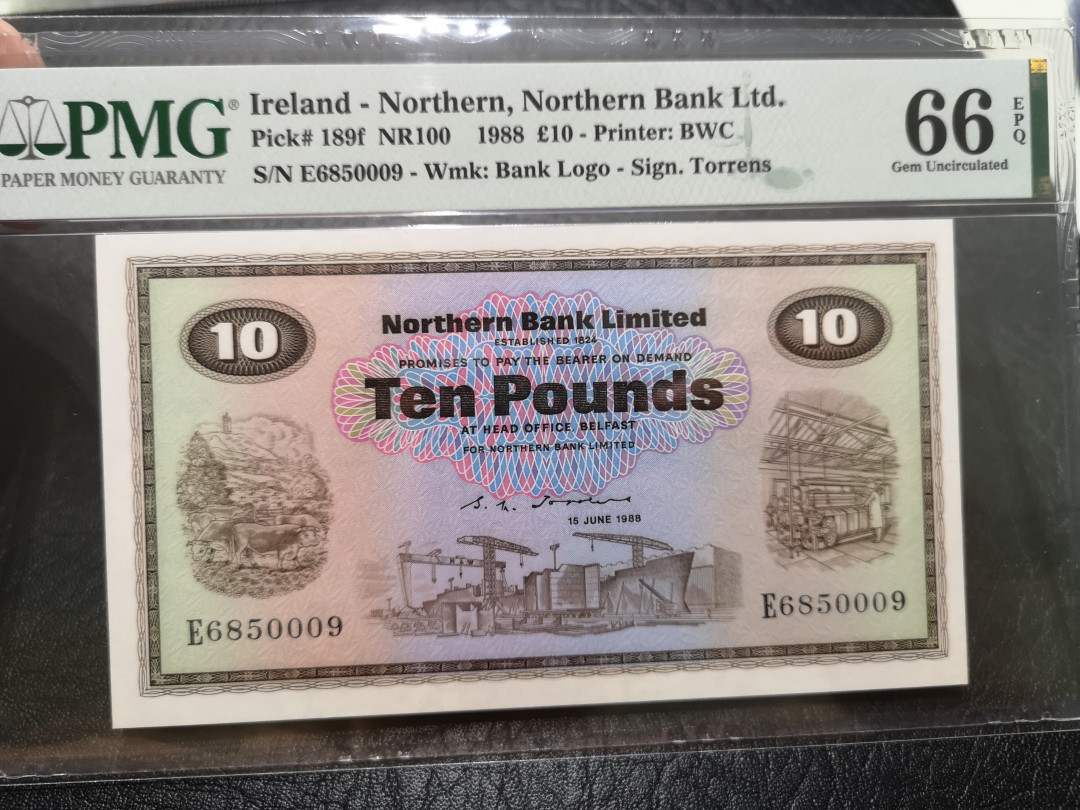 《外钞收藏家》第一百一十九期拍卖（本期106件拍品） 1988年北爱尔兰 北方银行 10镑 PMG66 BWC印钞 靓号