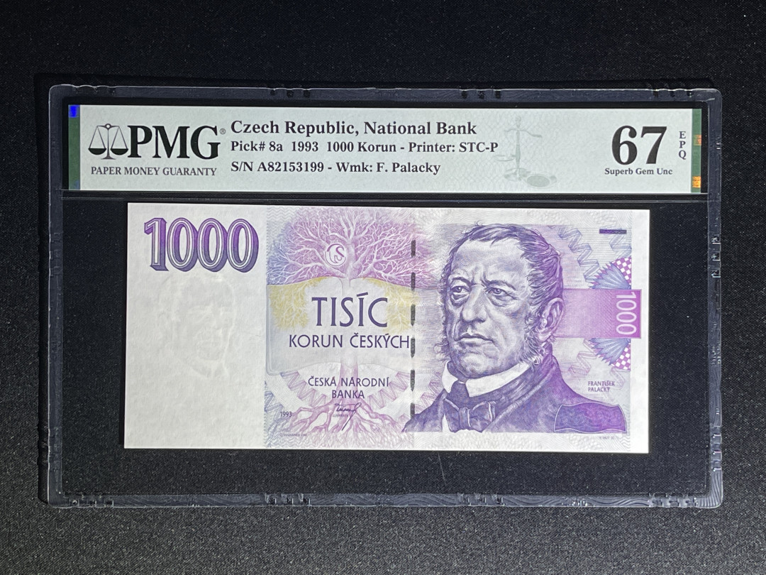 《张总收藏》32期—海外筋票 捷克1000克朗 PMG67E 1993年初版首冠A 细安全线 Pick8a 无47 