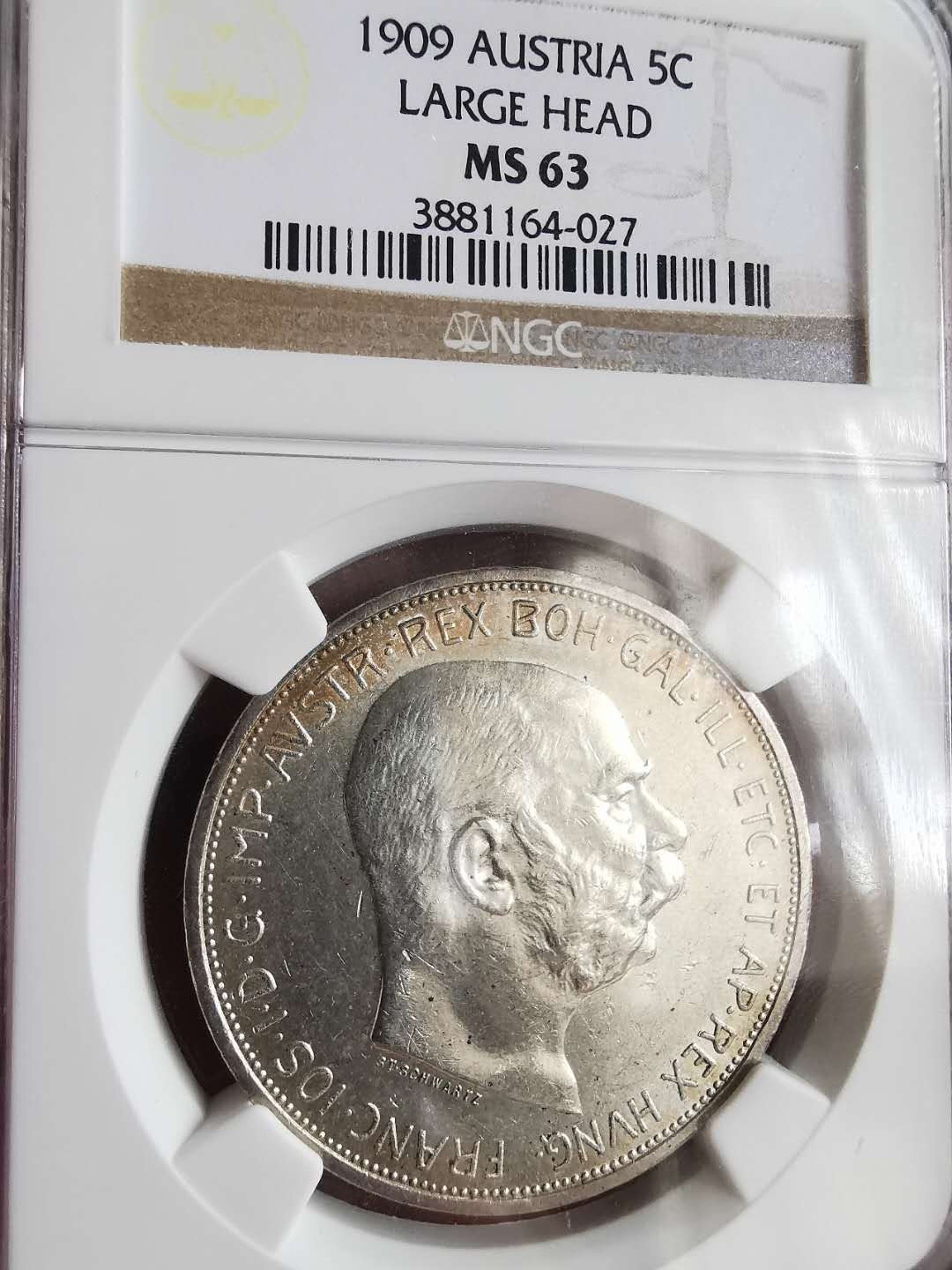 凡希社世界钱币微拍第一百六十五期 1909奥地利5科罗纳大银NGC-MS63