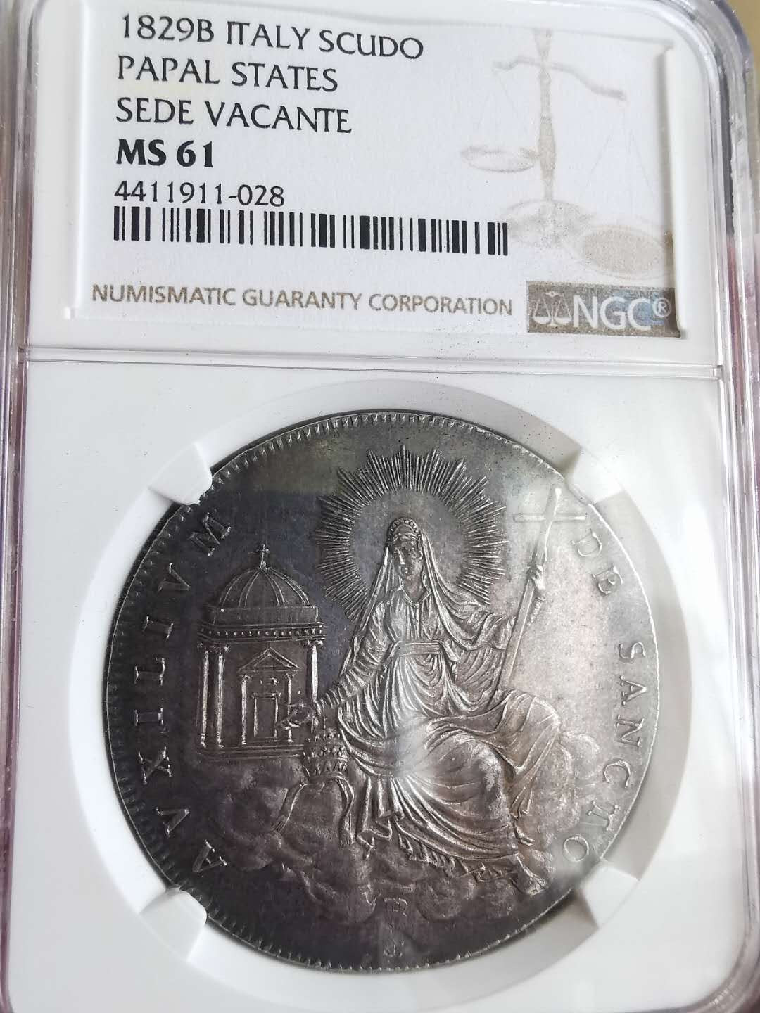 凡希社世界钱币微拍第一百六十五期 稀！1829B教皇国缺位SCUDO大银NGC-MS61绝美紫罗兰包浆！