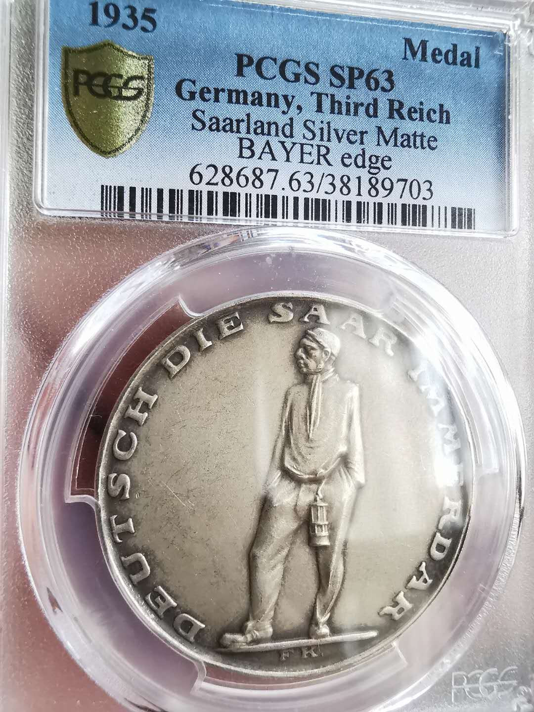 凡希社世界钱币微拍第一百六十五期 1935德国萨尔解放纪念银章PCGS-SP63边铭BAYER