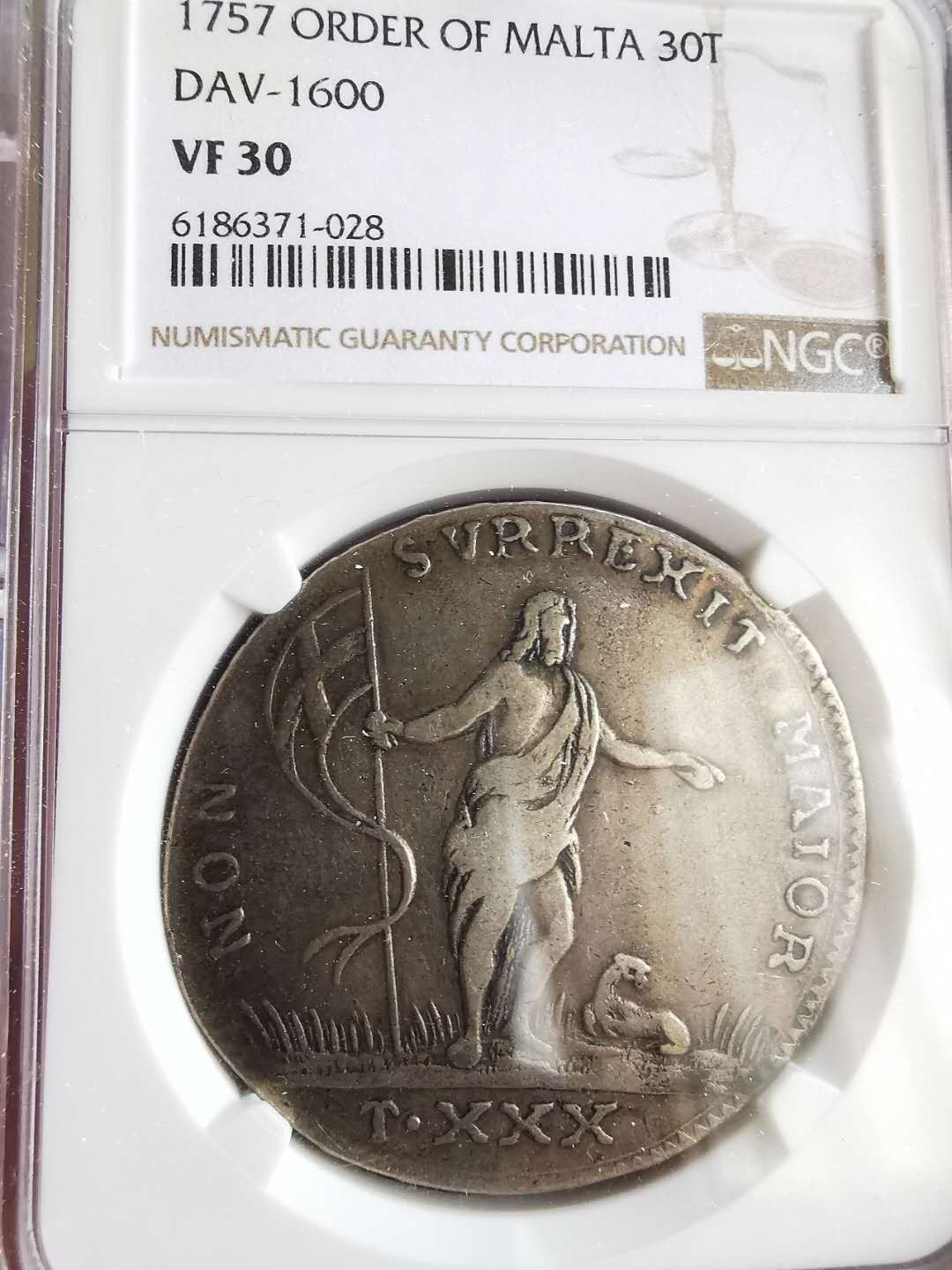 凡希社世界钱币微拍第一百六十五期 1757马耳他骑士团30T大银NGC-VF30