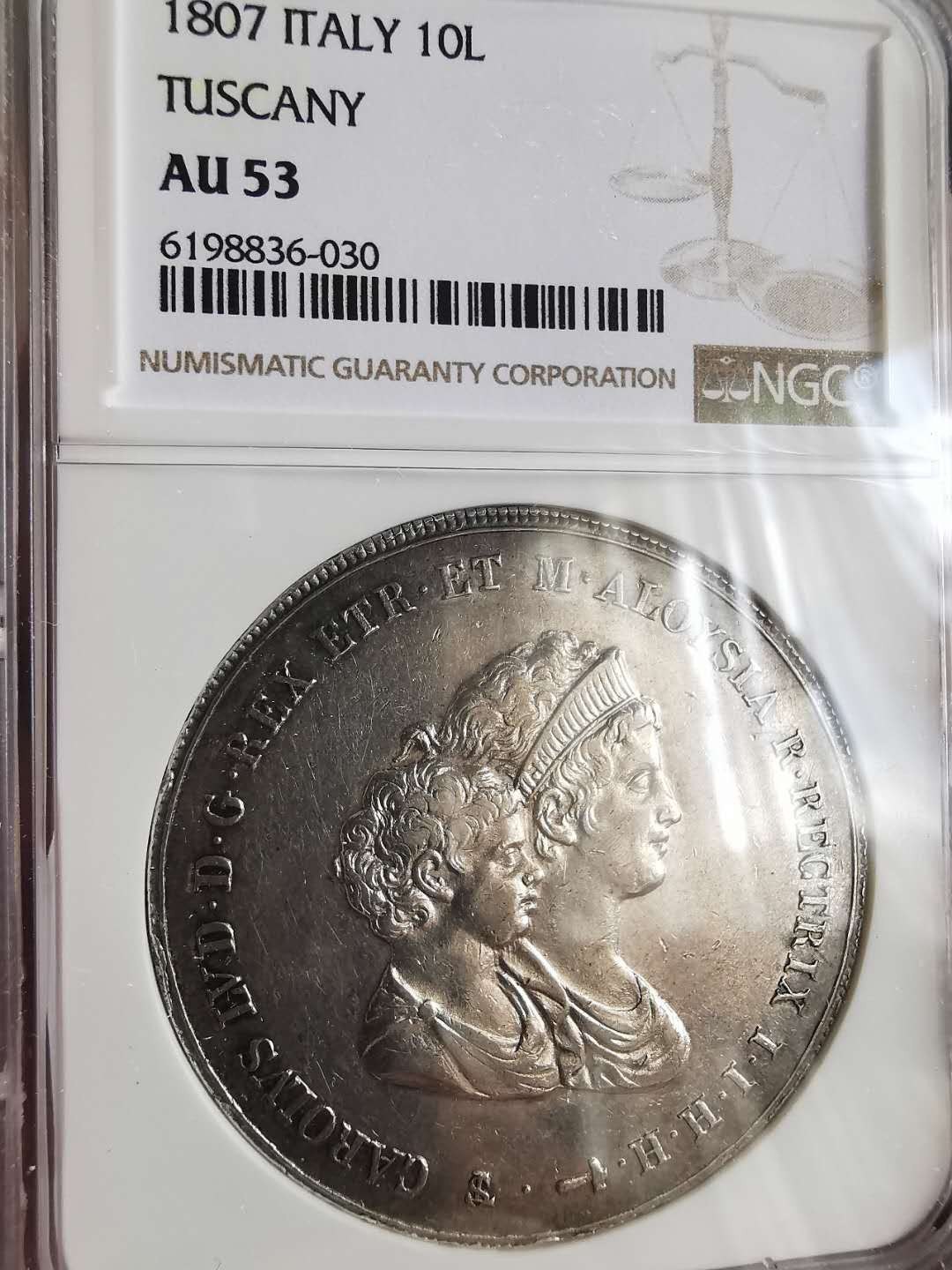 凡希社世界钱币微拍第一百六十五期 1807托斯卡纳母与子10里拉大银NGC-AU53