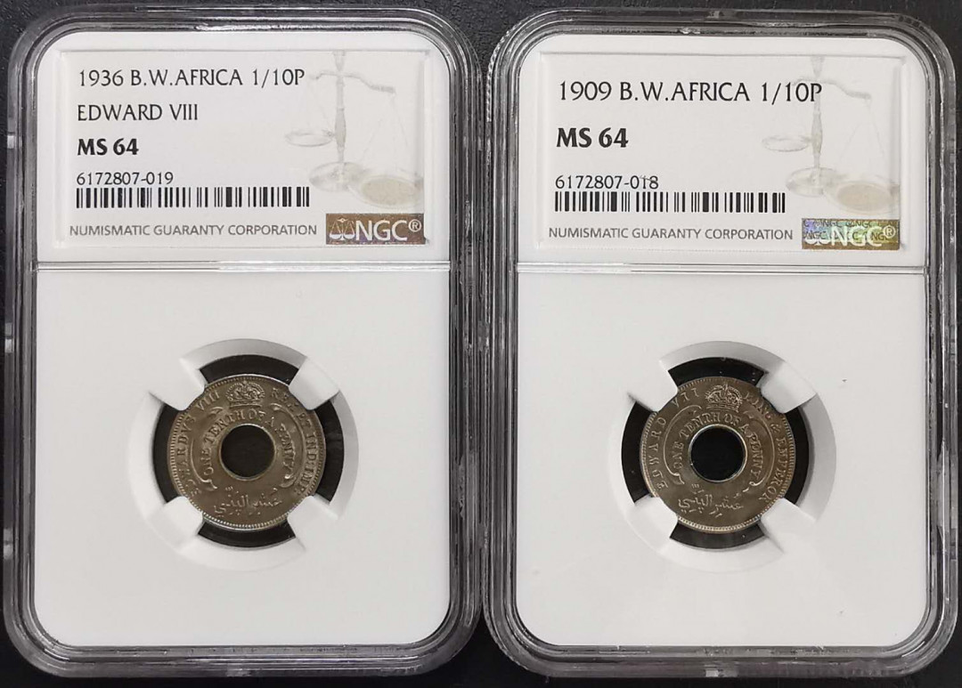 凡希社世界钱币微拍第一百六十五期 1909/36英属西非1/10便士一对NGC-MS64