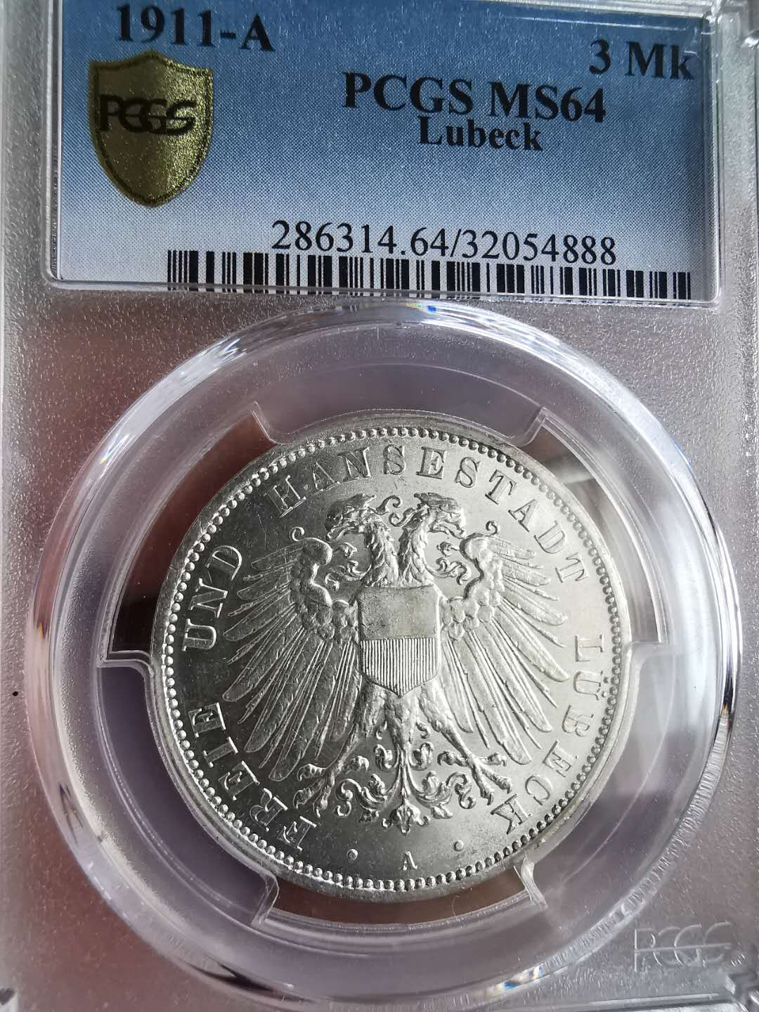 凡希社世界钱币微拍第一百六十五期 1911吕贝克3马克PCGS-MS64