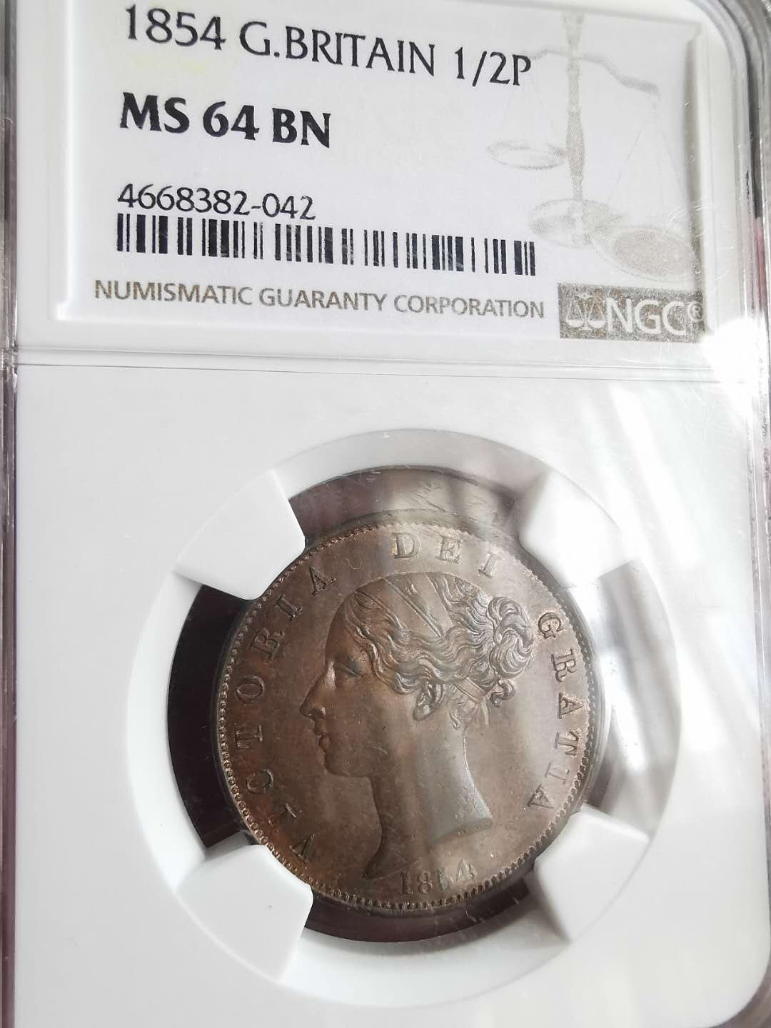 凡希社世界钱币微拍第一百六十五期 1854小维1/2便士NGC-MS64
