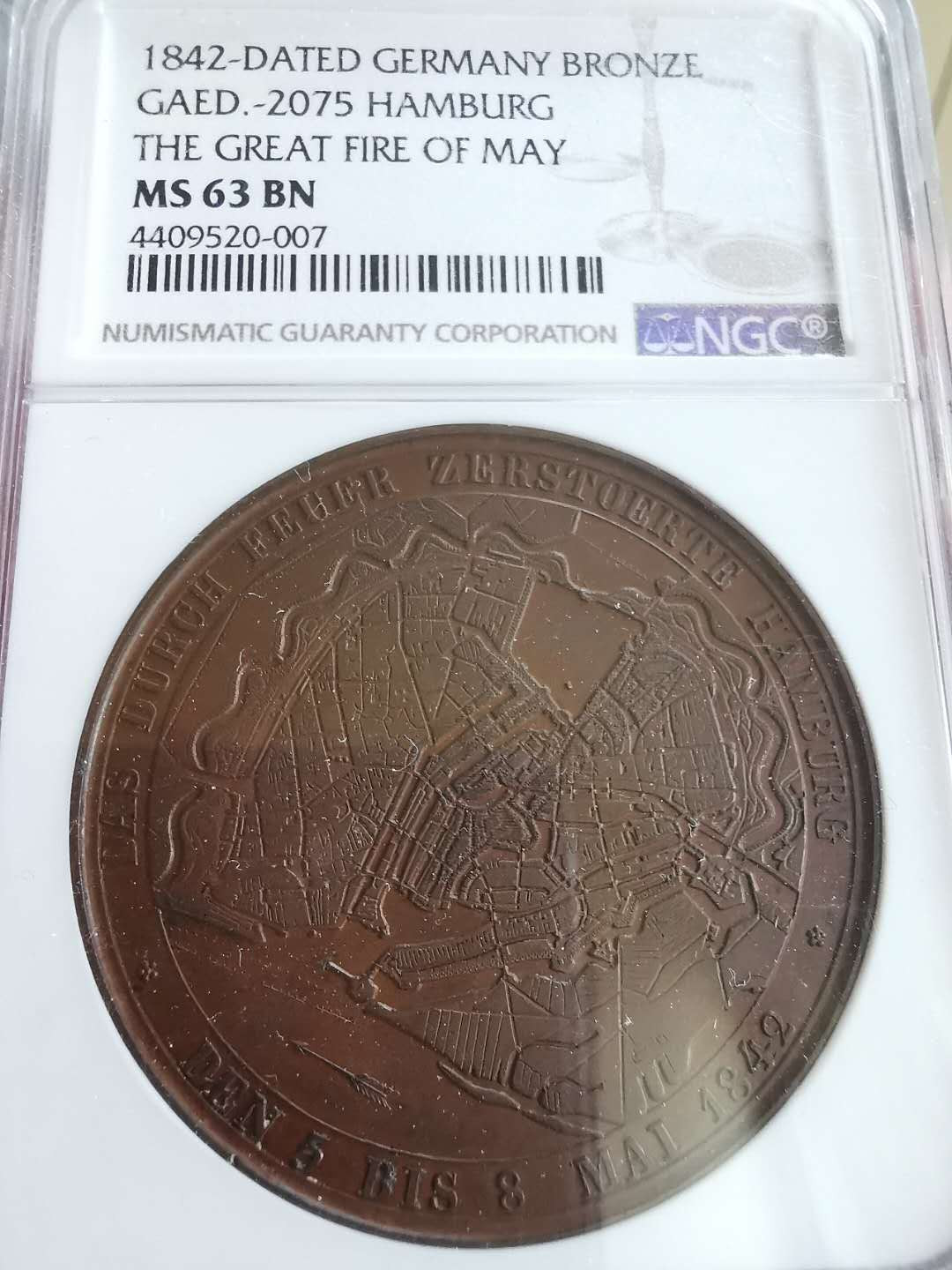 凡希社世界钱币微拍第一百六十五期 1842汉堡大火纪念铜章NGC-MS63