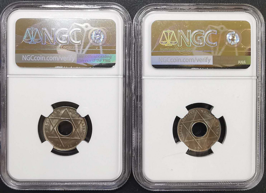 凡希社世界钱币微拍第一百六十五期 1909/36英属西非1/10便士一对NGC-MS64