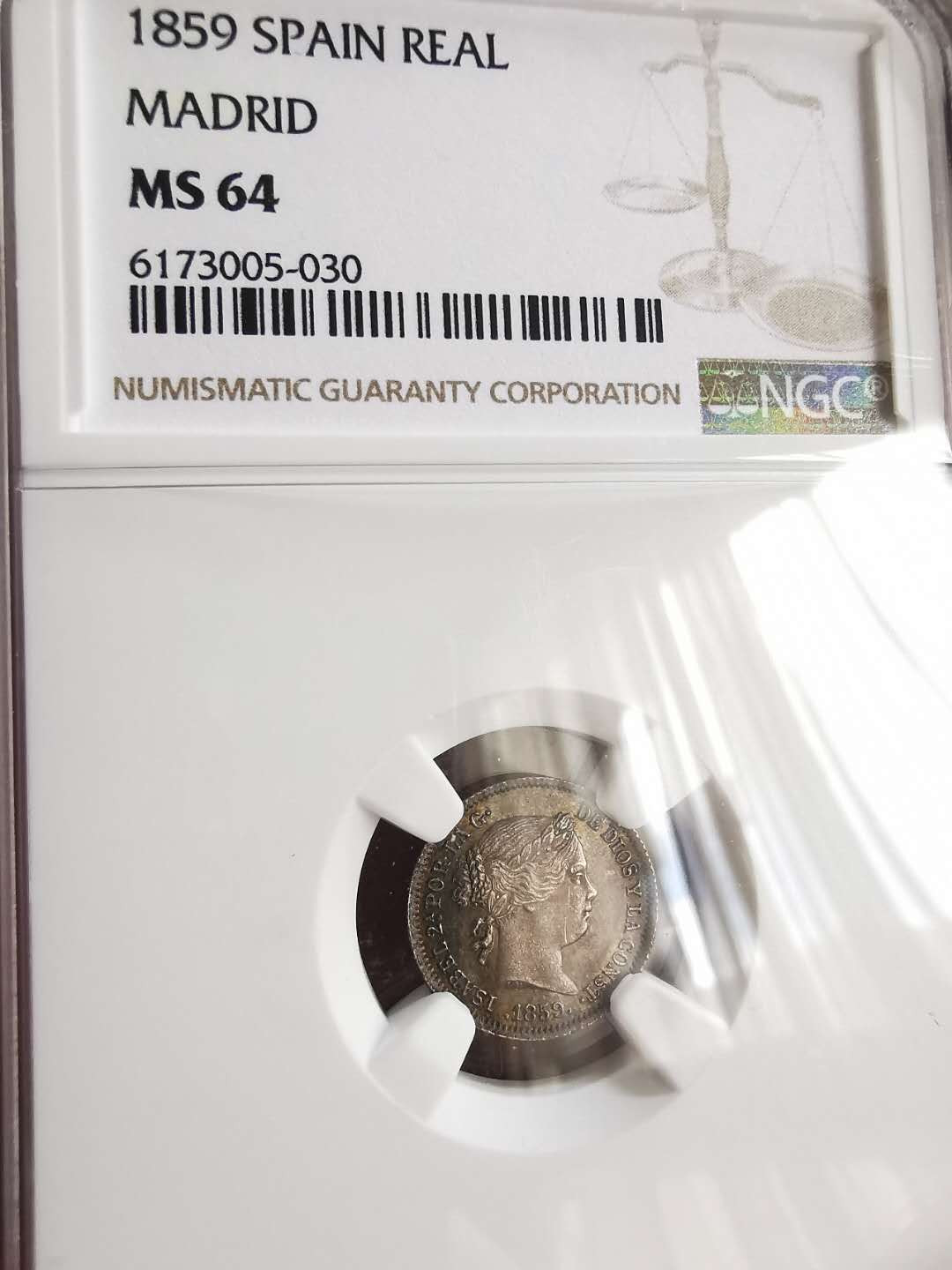 凡希社世界钱币微拍第一百六十五期 1859西班牙伊莎贝拉REAL银NGC-MS64