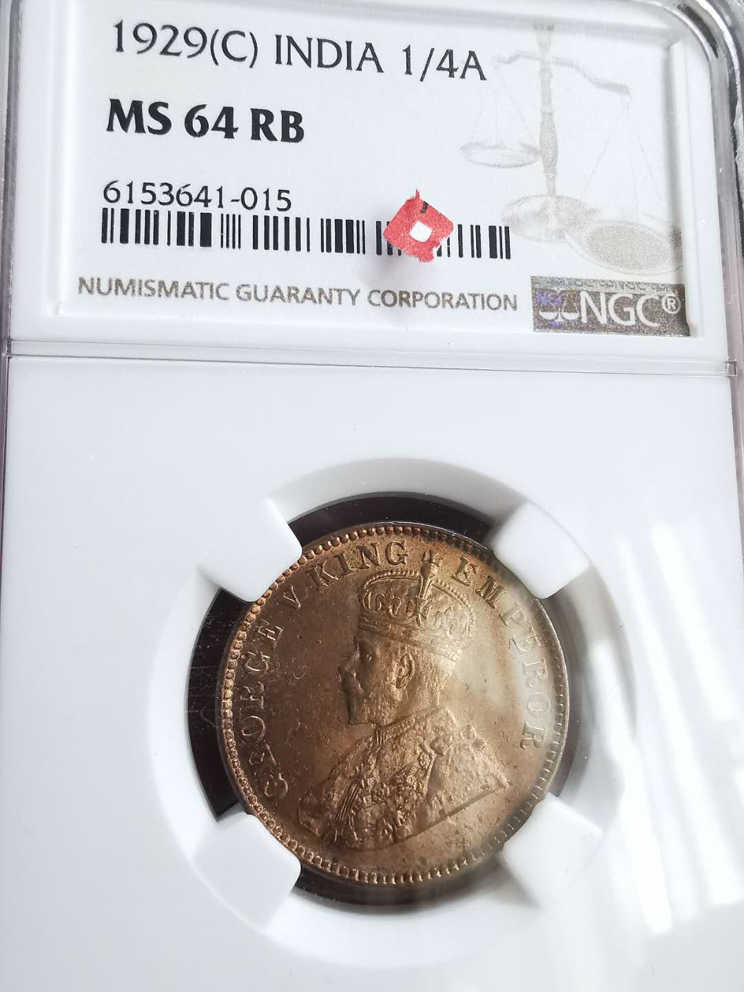 凡希社世界钱币微拍第一百六十五期 1929乔五1/4安那NGC-MS64