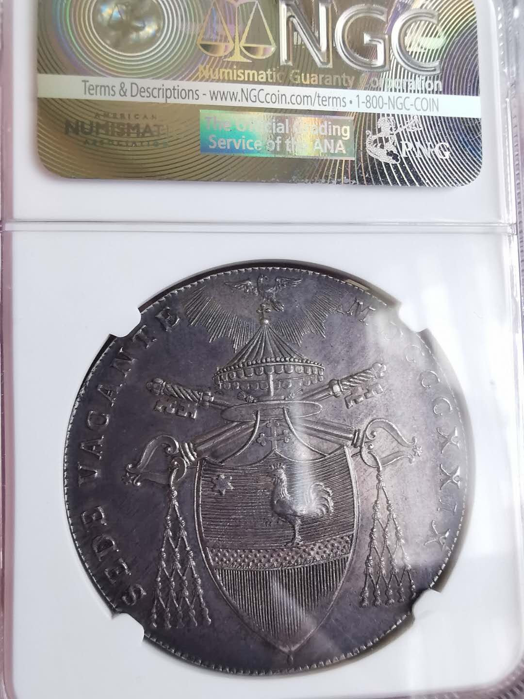 凡希社世界钱币微拍第一百六十五期 稀！1829B教皇国缺位SCUDO大银NGC-MS61绝美紫罗兰包浆！